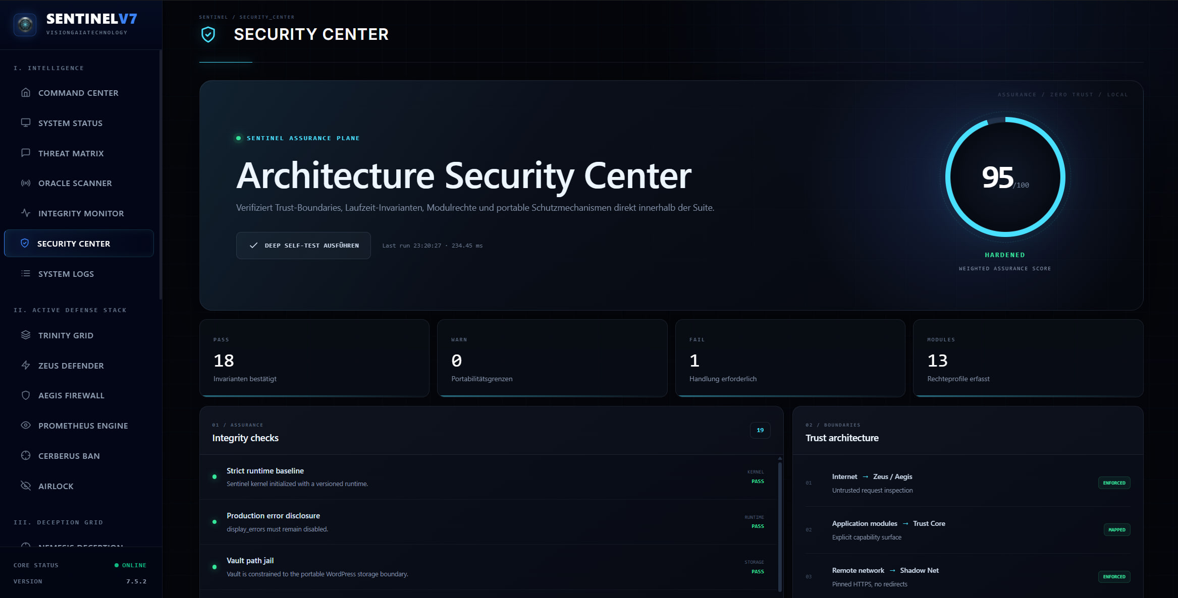 Internes Security Center zum Überprüfen von Sicherheitsparametern