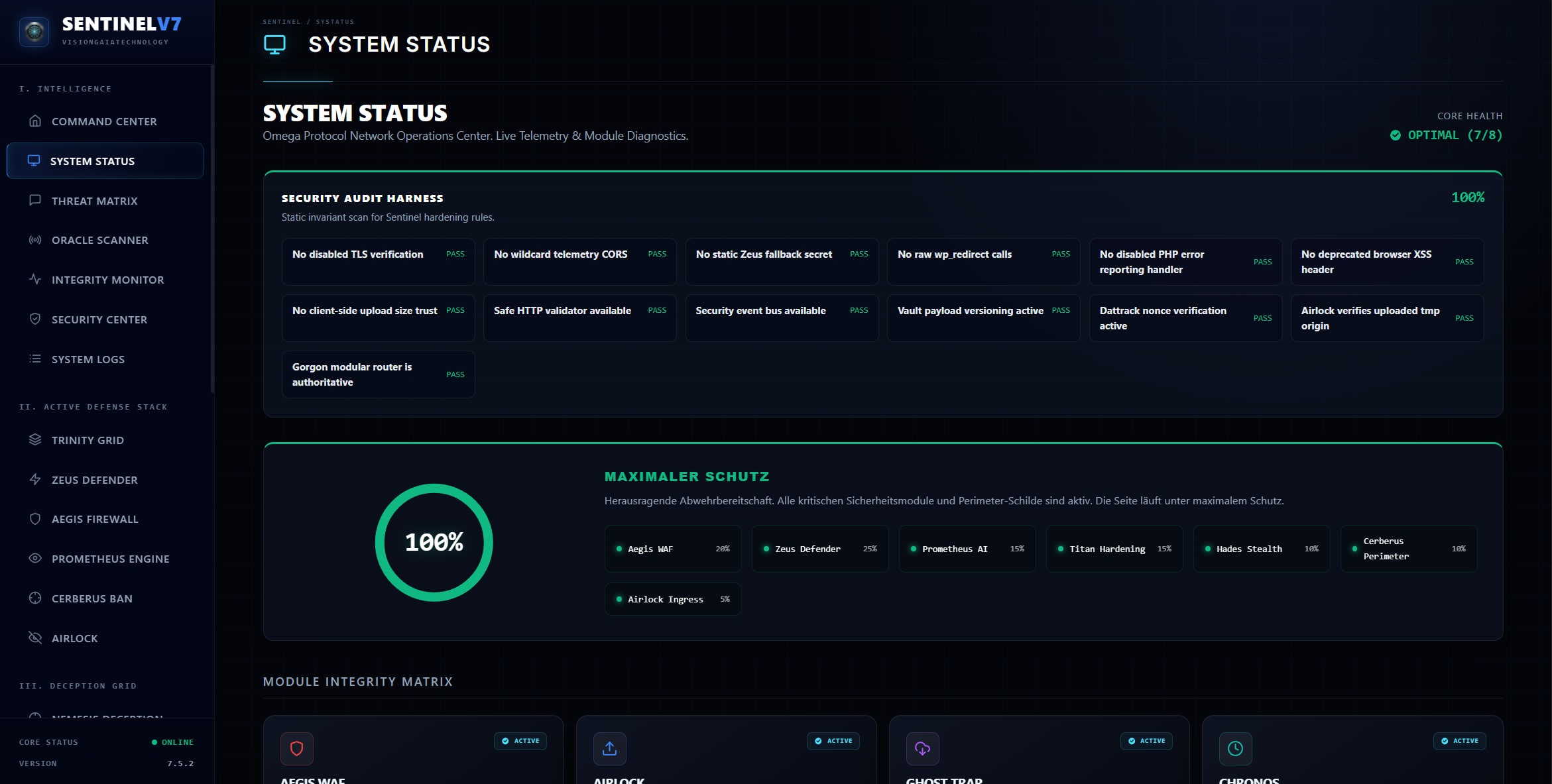 System Status mit direktem Überblick über Module und Schutzstatus